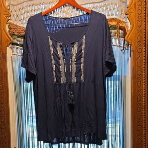 Jane and Delancey Navy Embroidered Tassel Peasant Top